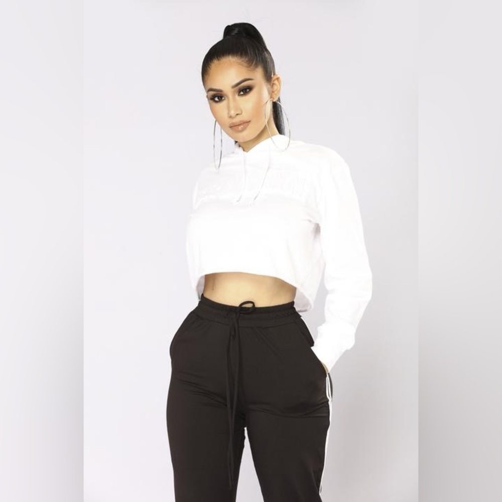 Fashion Nova White Cropped Raw Hem Drawstring Hoodie